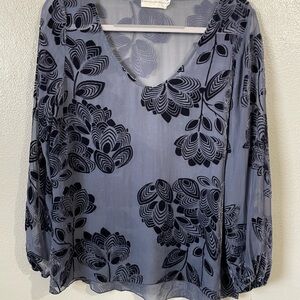 Johnny Was Love Liberty Navy Velvet Burnout Silk Blouse Sz M Floral Sheer Top
